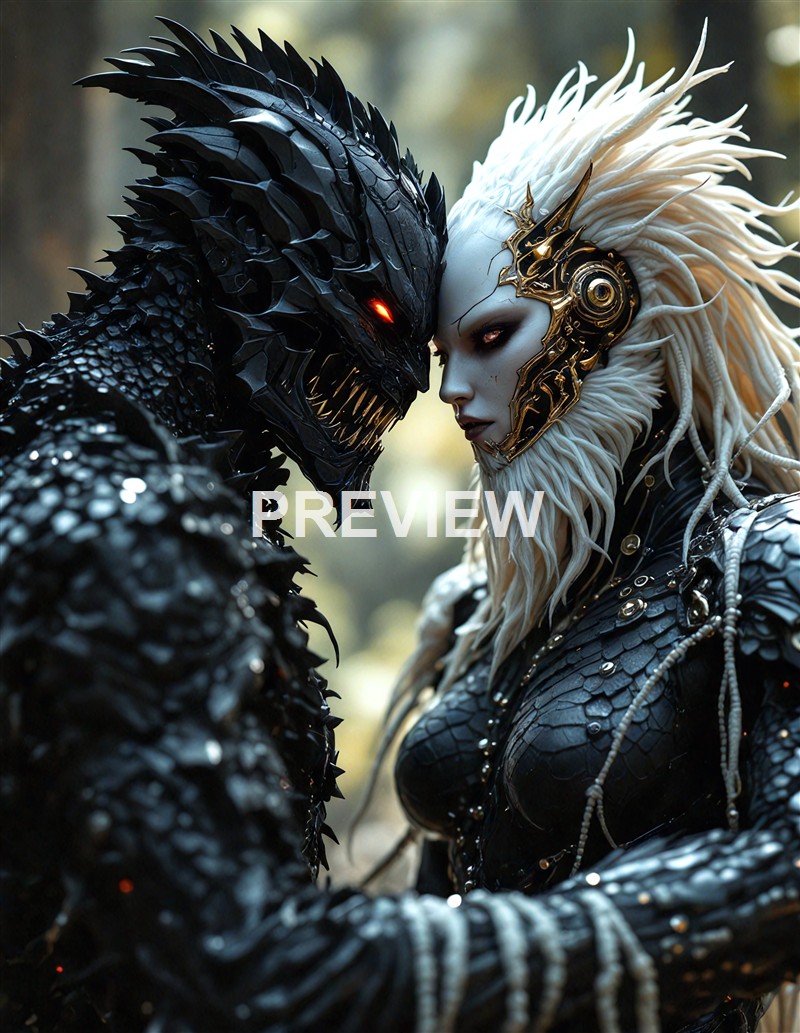 A close-up of two characters in elaborate, contrasting armor and makeup, facing each other with intense expressions, one in black with a dragon-like appearance and the other in white with a regal, ornate design.